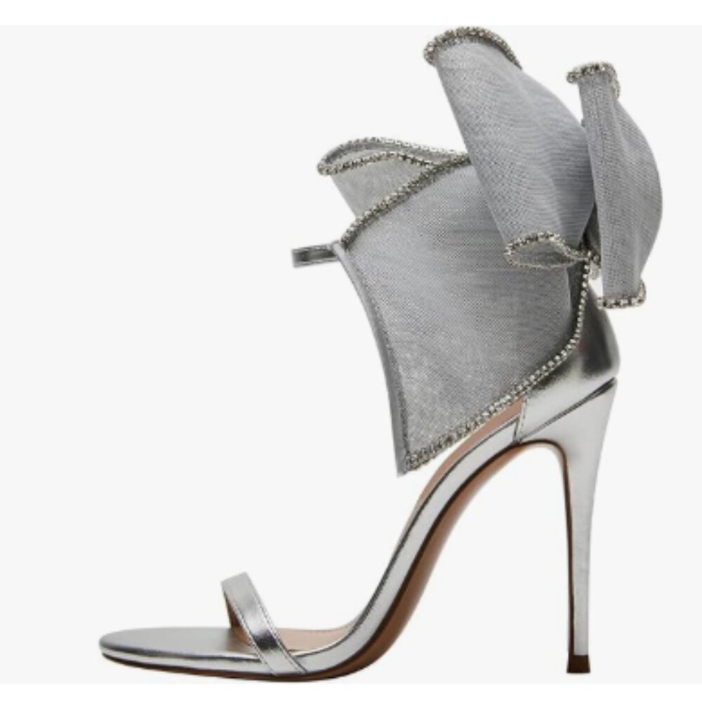 Maiyang Silver Back Mesh Bow Thin High Heel Sandals Open Toe Ankle Strap Shoes